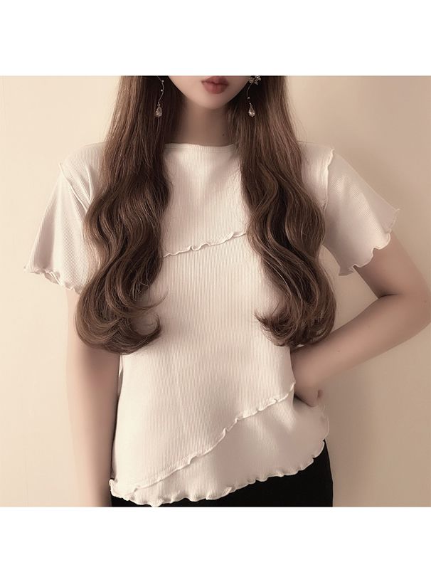 日本 GRL - 羅紋木耳邊短袖上衣-氣質杏