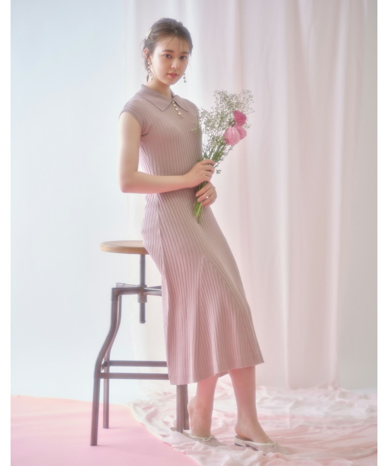 日本 tocco-closet - 直羅紋翻領修身洋裝-海軍藍