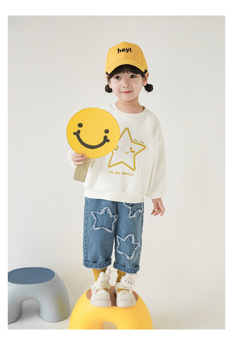 針織刺繡圓領長袖上衣-星星-米白色