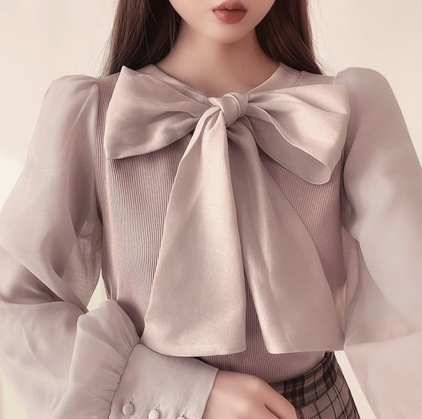 日本 GRL - 2WAY光澤蝴蝶結薄紗拼接上衣-淺灰藍