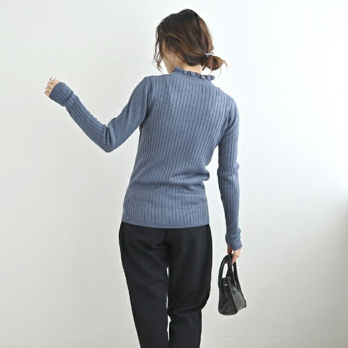 日本 ihuu - 百搭荷葉領羅紋薄針織上衣-芥末黃