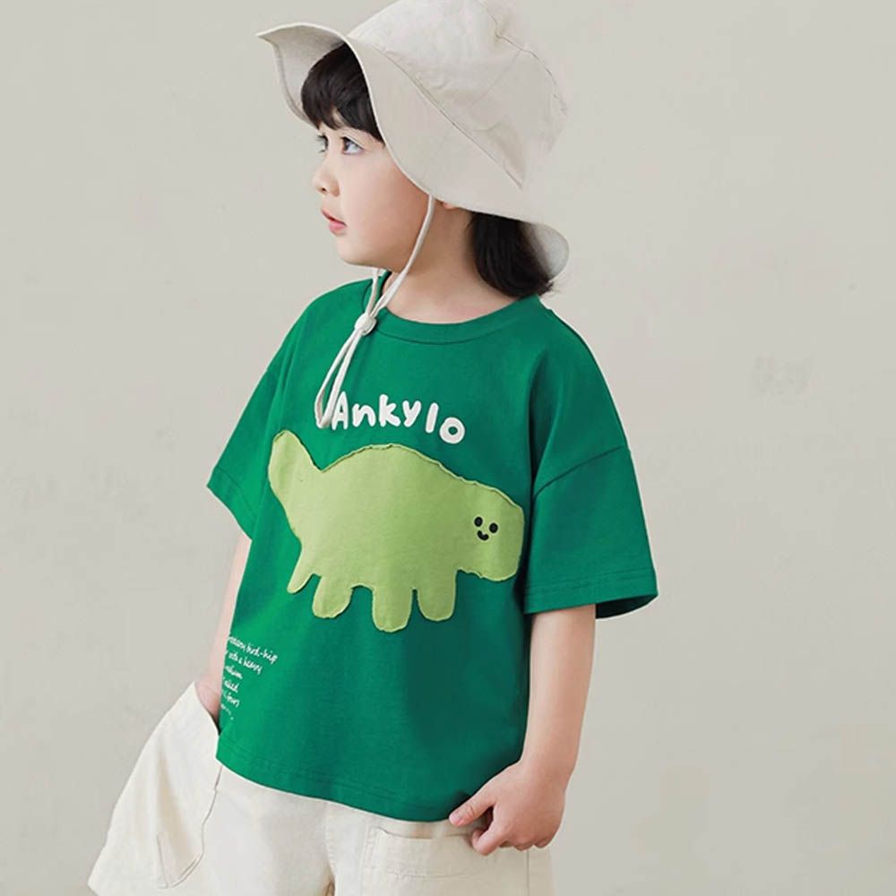 純棉圓領休閒短袖上衣-恐龍貼布繡-綠色