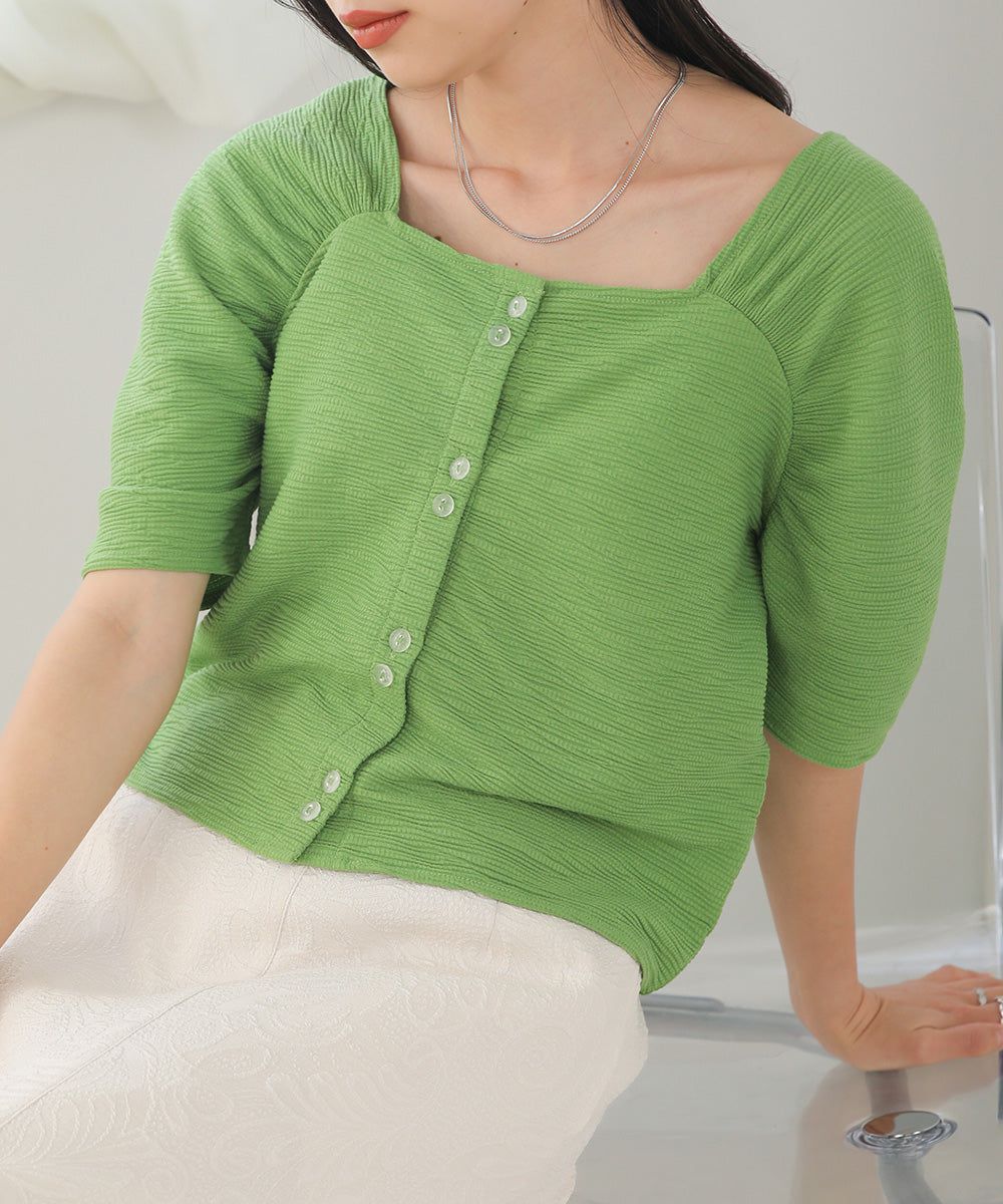 日本 Bab - 2WAY方領排扣五分袖上衣-米杏