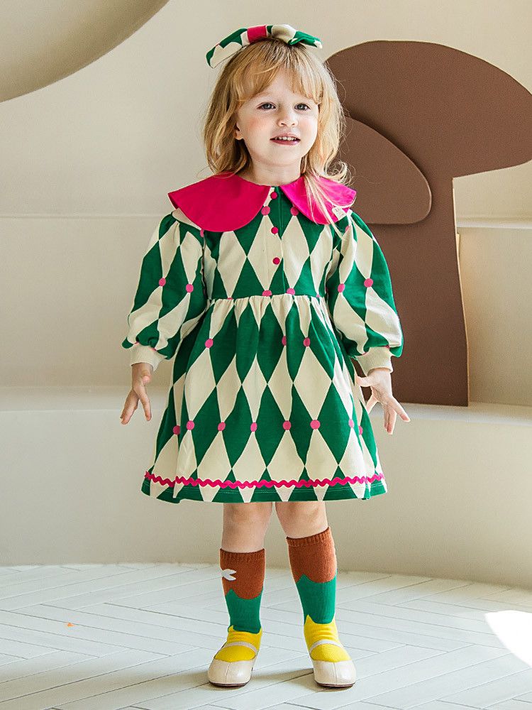 韓國 Pimpollo - 菱格紋撞色翻領洋裝-黃