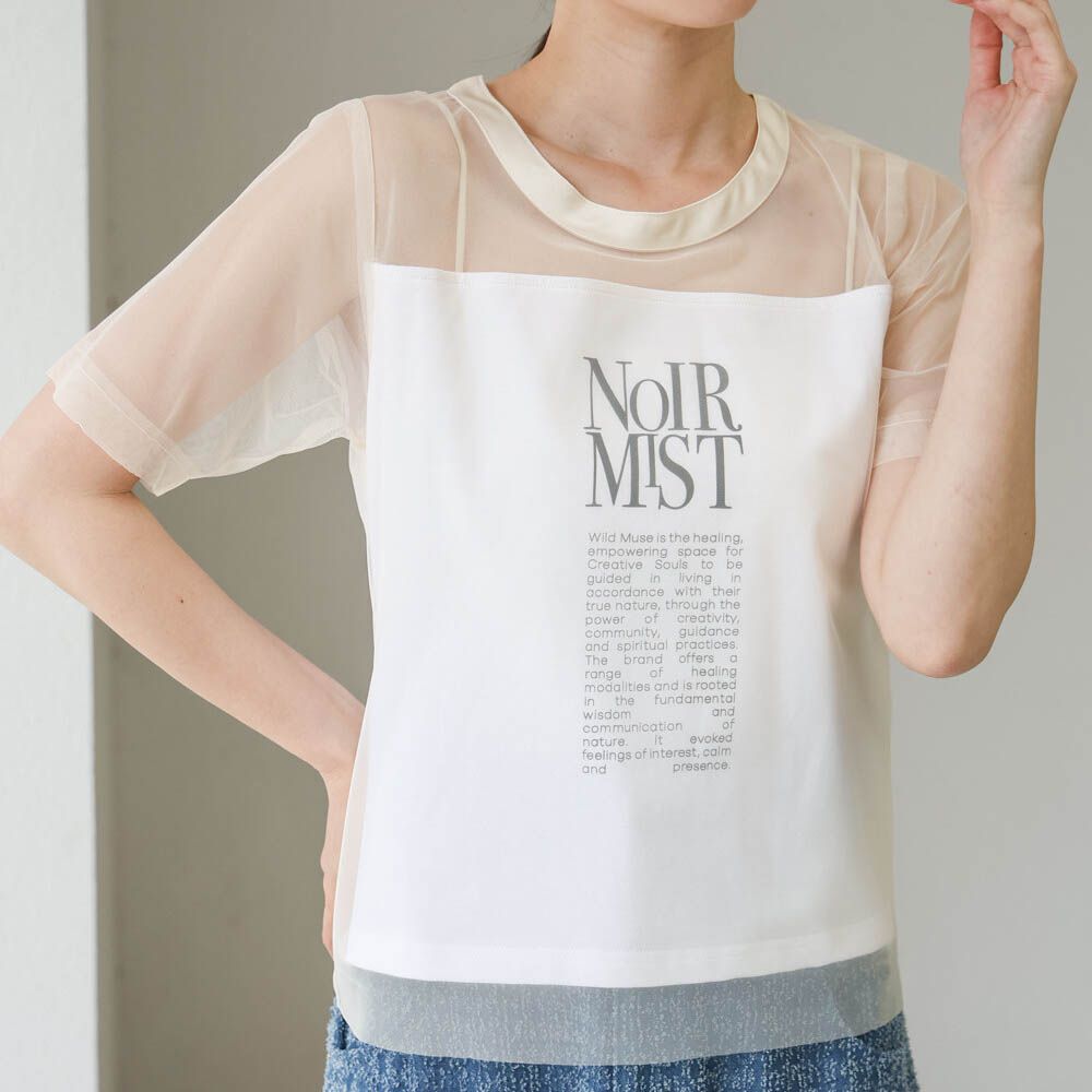 個性風透膚薄紗層次短袖上衣-英文字印花-白