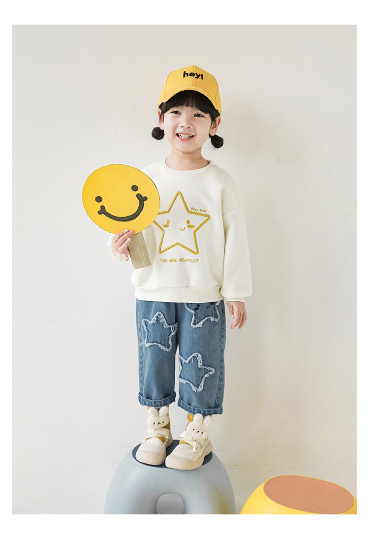 針織刺繡圓領長袖上衣-星星-米白色