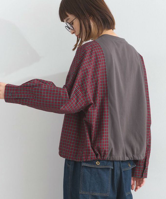 日本 Lupilien - 可愛格子拼接裏毛休閒襯衫-淺灰x紫