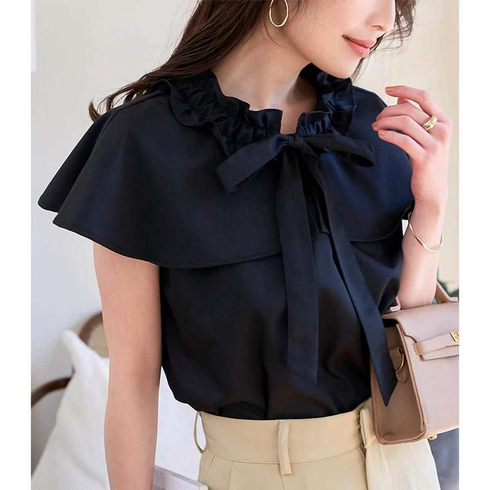 蝴蝶結甜美斗篷領無袖上衣-黑