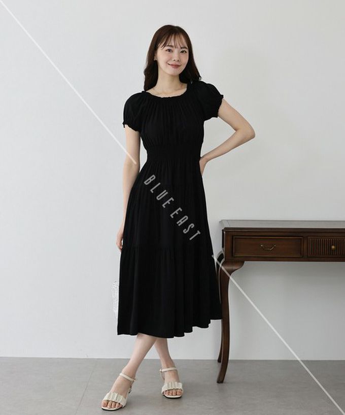 日本 BLUE EAST - 一字領2way露肩迷人短袖洋裝-典雅葉子-黑 (M)