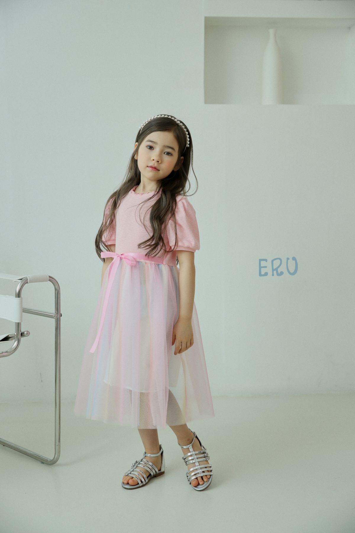 韓國 ERU - 夢幻彩虹漸層網紗洋裝-粉紅