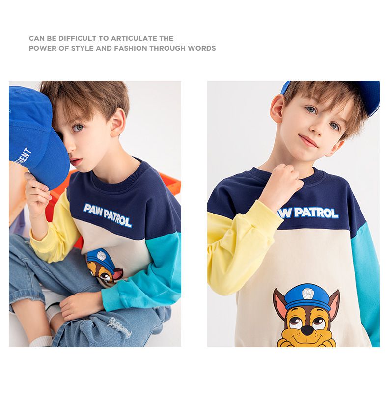 卡通汪汪隊純棉圓領拼接長袖上衣-卡通人物阿奇-紅+綠+杏