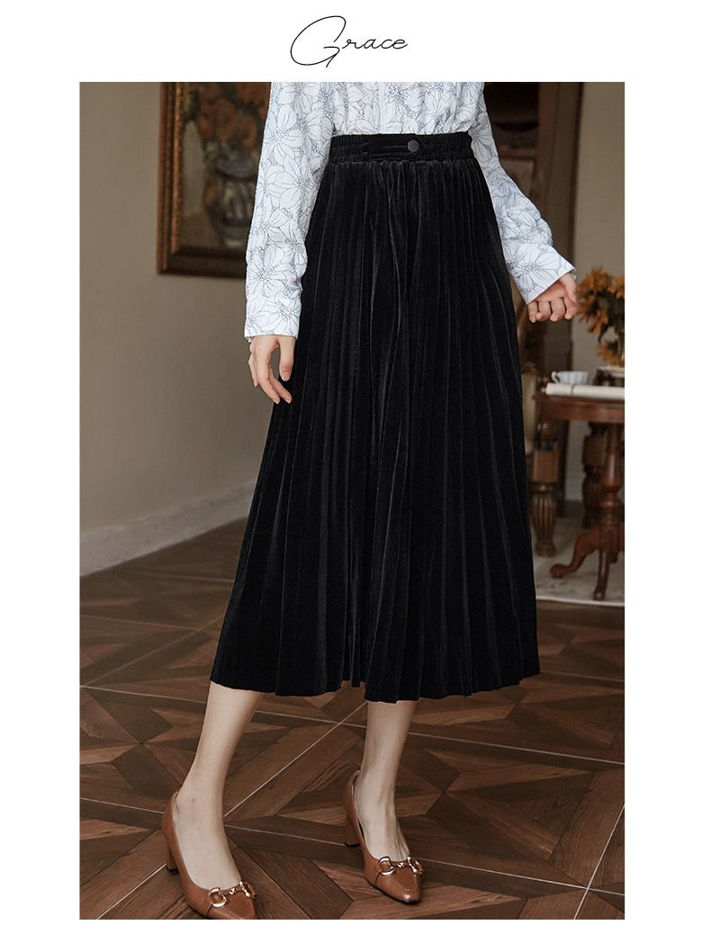 復古閃亮百褶半身裙-黑色