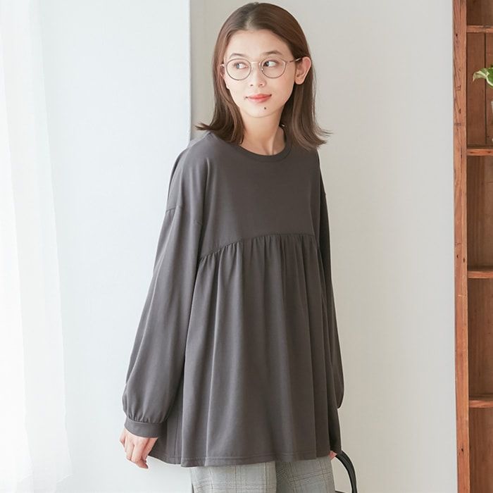 日本 BELLUNA - 垂墜感修身圓領長袖上衣-淺灰綠