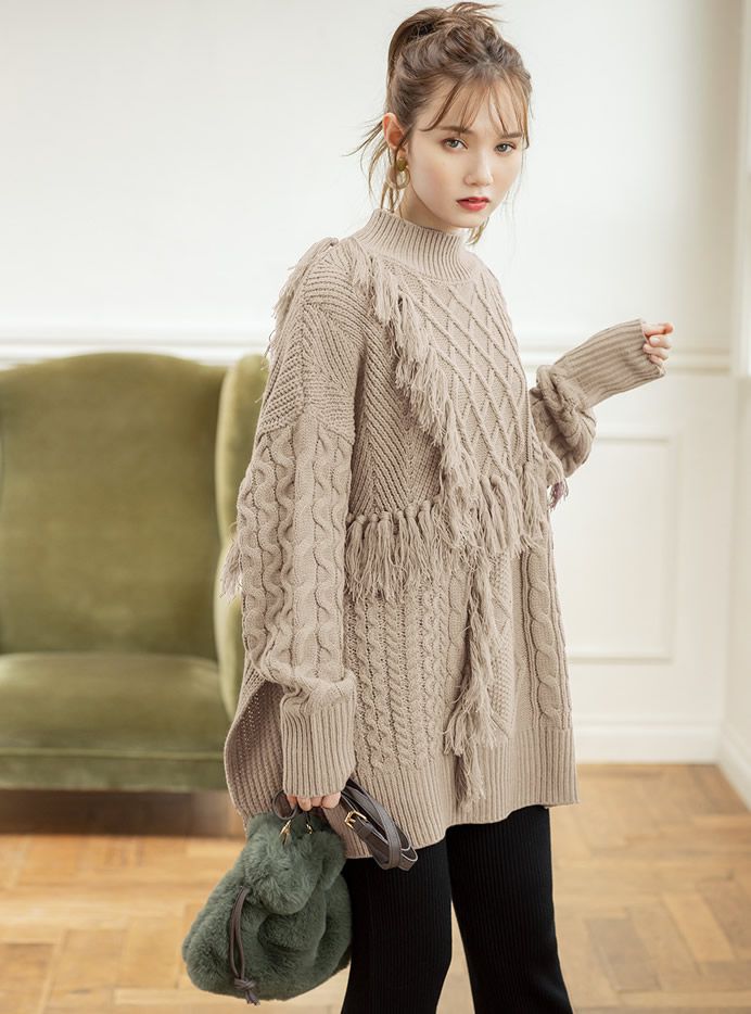 日本 GRL - 流蘇麻花針織毛衣-白