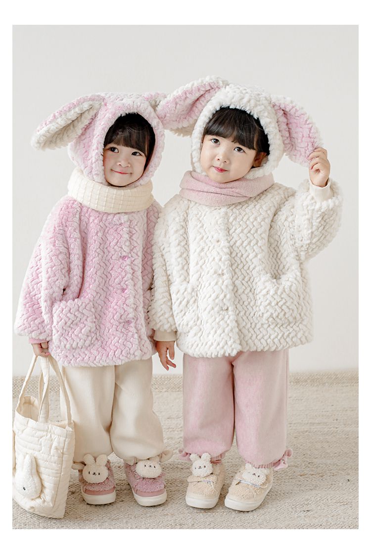 TONGMO - 立體造型毛絨保暖連帽外套-兔耳朵-粉色