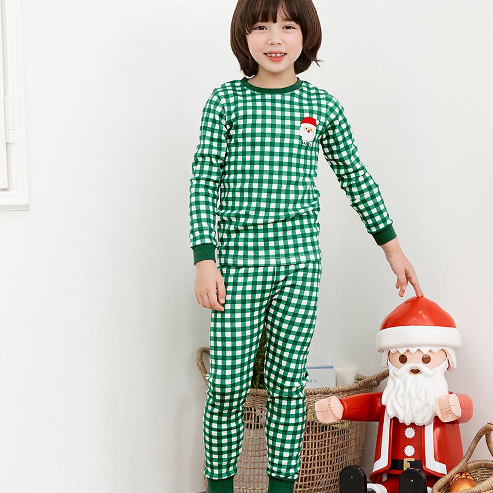 韓國 Maykids - 無螢光20支棉長袖家居服-聖誕老公公-綠格
