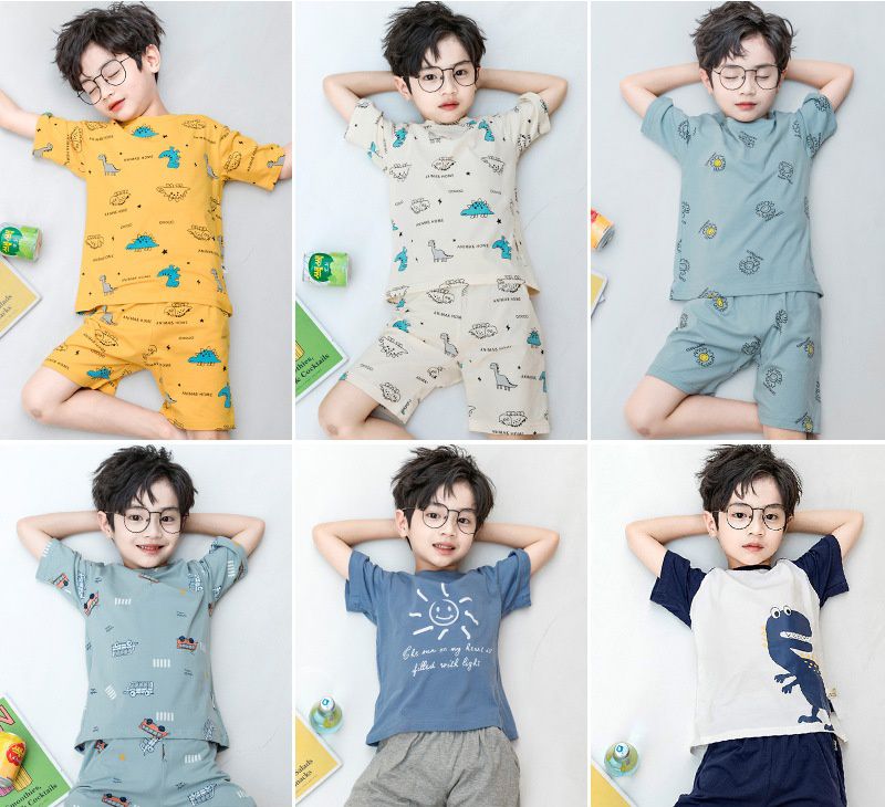 純棉兒童短袖家居服套裝-微笑太陽花-莫蘭迪綠