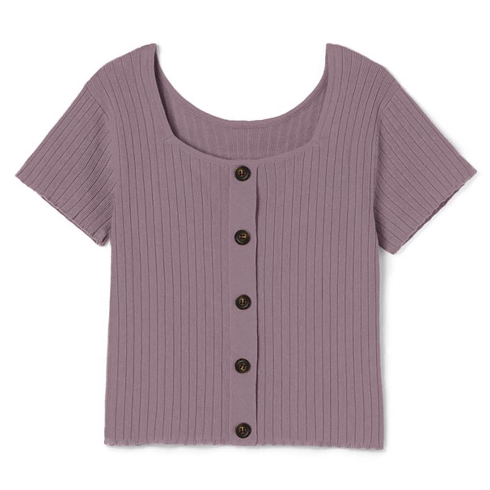 日本 GRL - 前後2way羅紋短袖排釦上衣-暗灰紫