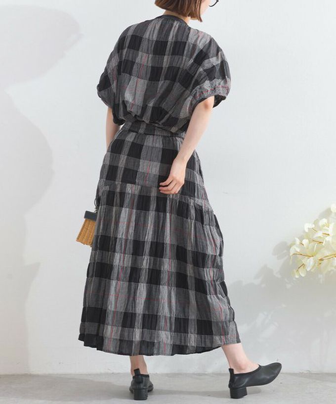 日本 Lupilien - 印度棉 皺皺文青格紋側抽繩長裙-橘