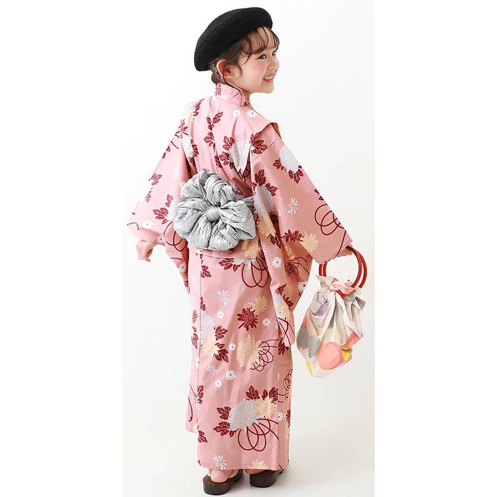 日本 devirock - 純棉夏日祭典花朵浴衣兵兒帶2件組-優雅菊花-粉紅