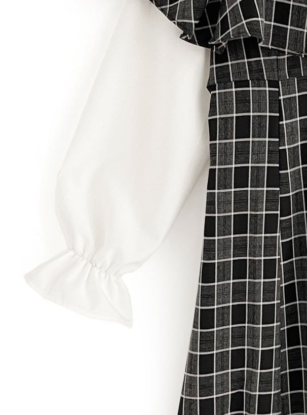 日本 GRL - 斗篷領格紋拼接兩件式洋裝-黑