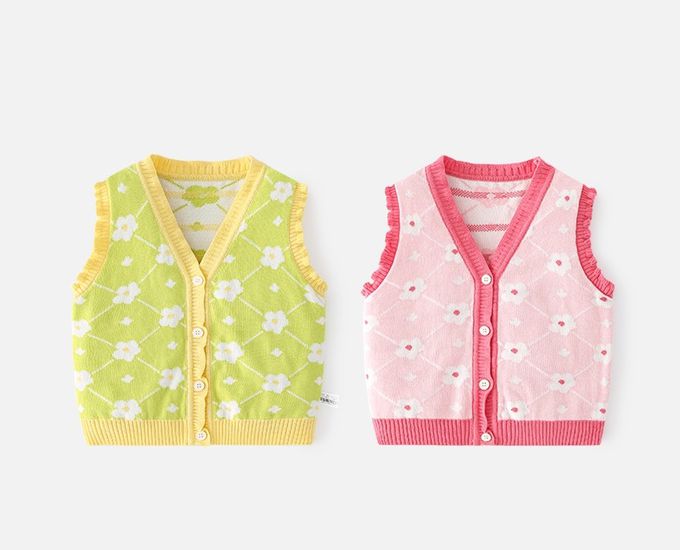好搭V領鈕釦針織背心-花朵-黃+綠色
