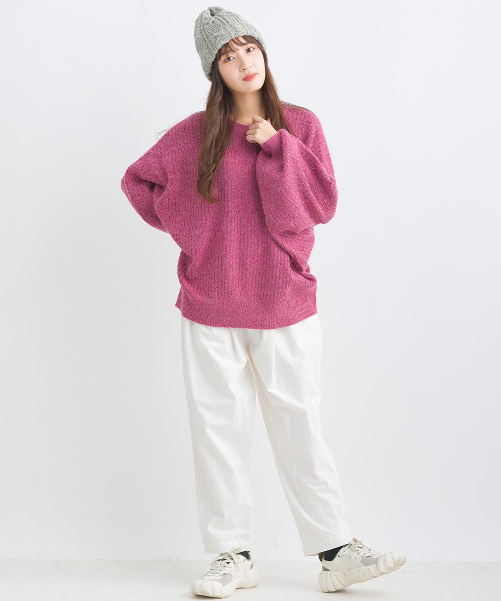 日本女裝代購 - 大寬袖圓領混色針織上衣-米黃