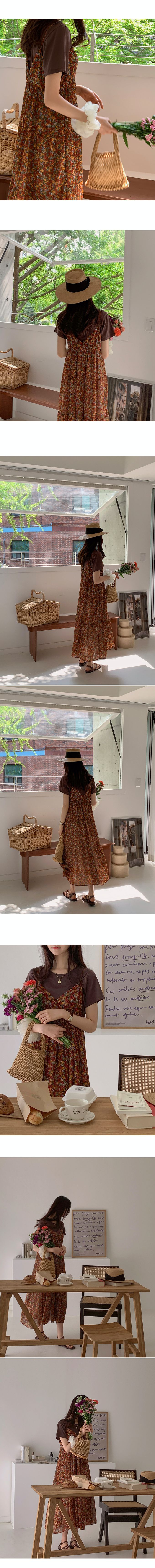 韓國女裝代購 - 復古花漾細肩帶連身洋裝-咖啡紅 (FREE)
