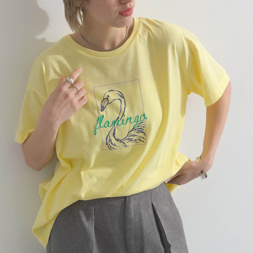 接觸冷感 紅鶴刺繡印花休閒上衣-黃