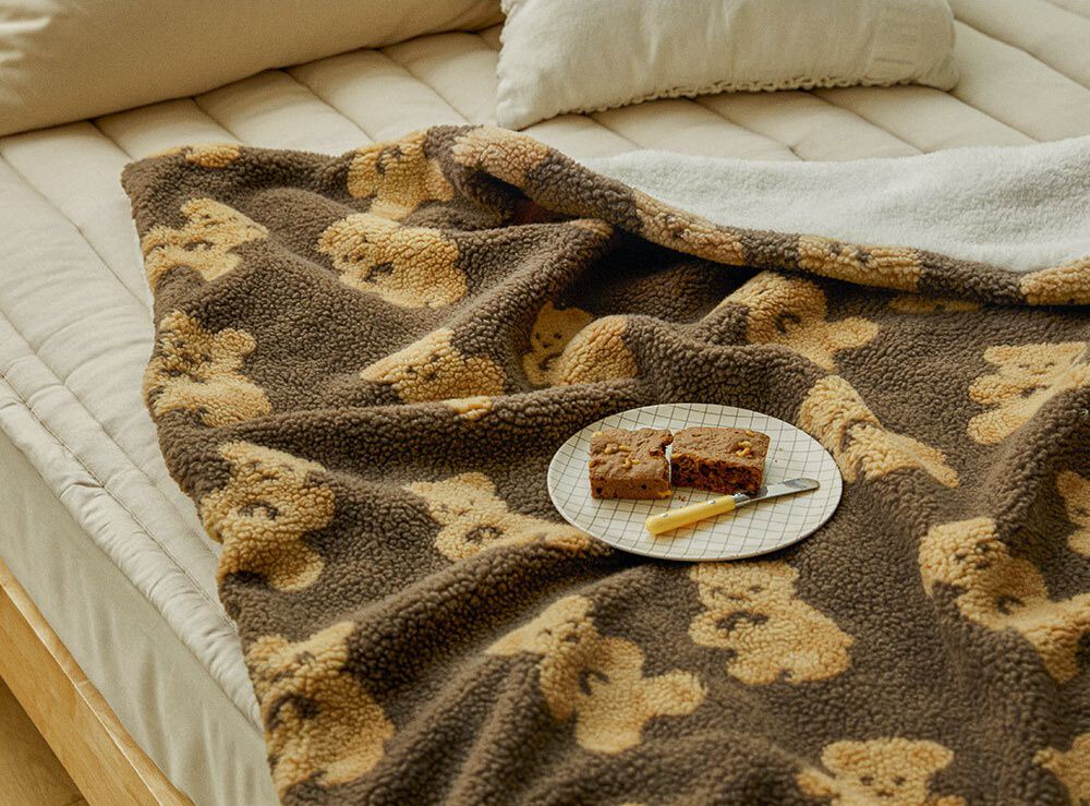 韓國 Bebe deco - 搖粒絨泰迪熊保暖毯-米白