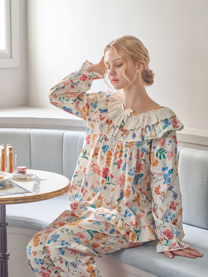 韓國 ULLALA - 童話熊花園荷葉領長袖睡衣套裝-淡黃 (FREE)