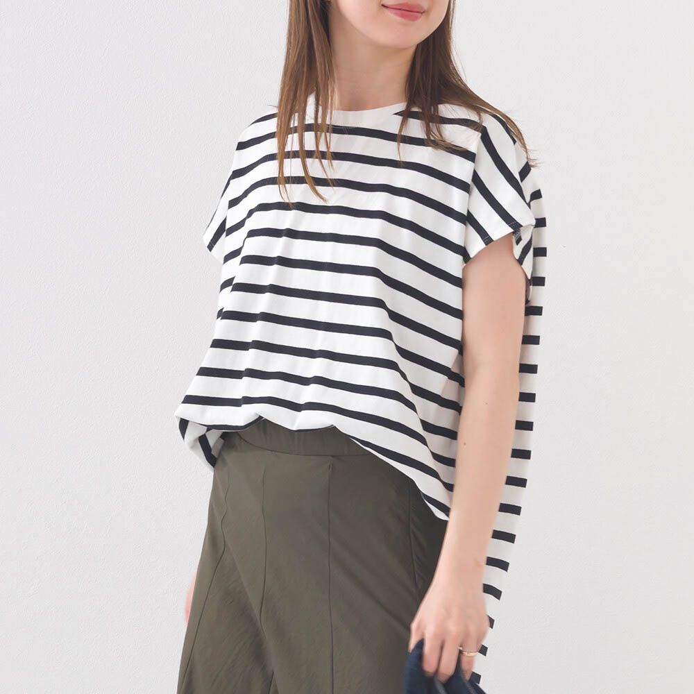 接觸冷感 純棉不易皺法式袖上衣-細條紋-黑x白