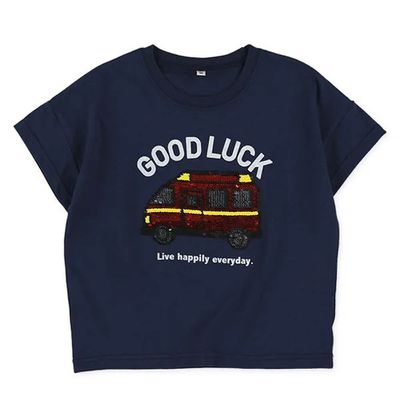 日本西松屋 - 閃耀亮片男孩最愛短袖上衣-車車-深藍