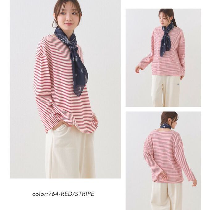 日本 OMNES - 100%棉 經典款細條紋長袖上衣-白底紅條紋