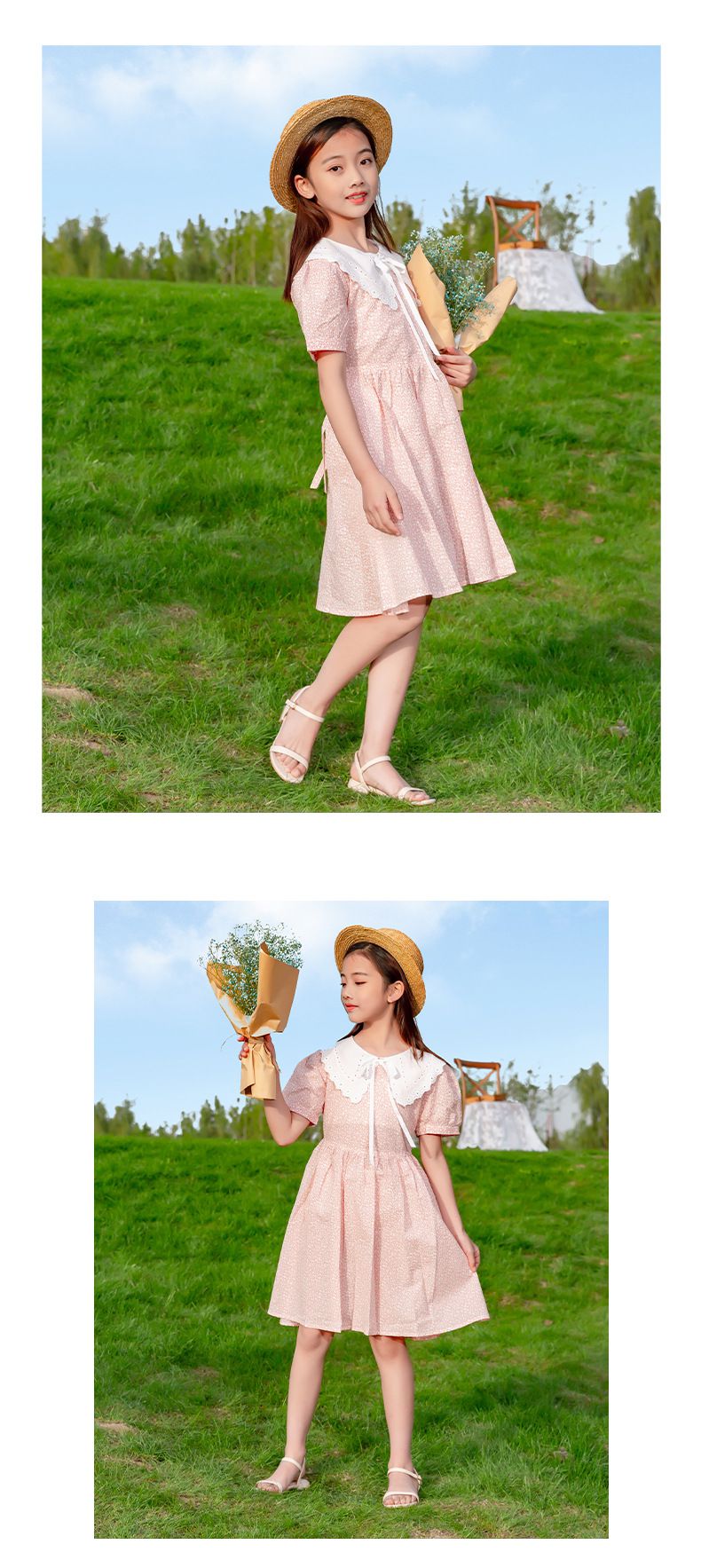 娃娃領短袖洋裝-碎花紋路-淺藍色