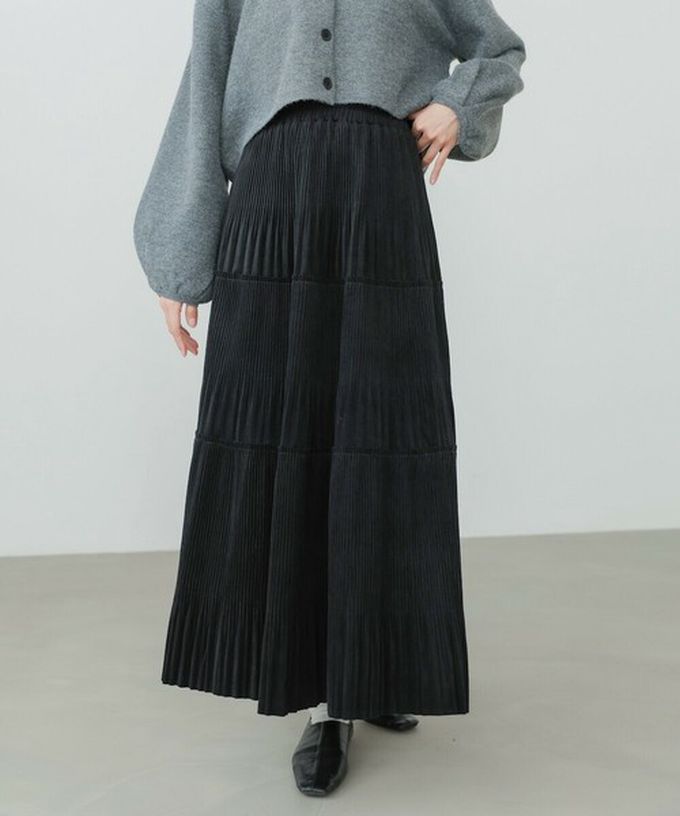 日本 Bab - 飄逸感絲滑絨面細摺長裙-黑