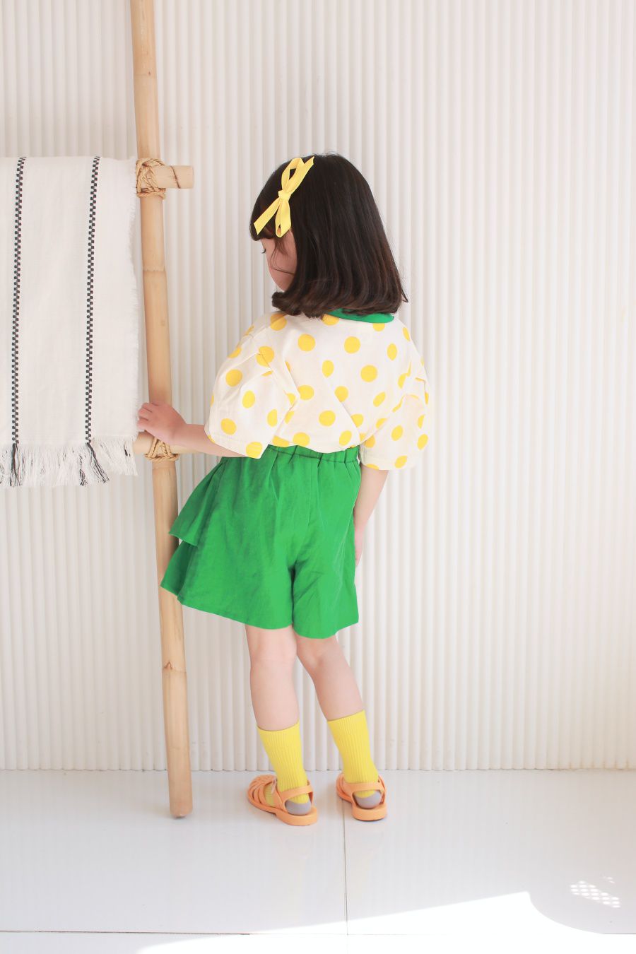 韓國 Dalla - 波點泡泡袖純棉T-黃波點