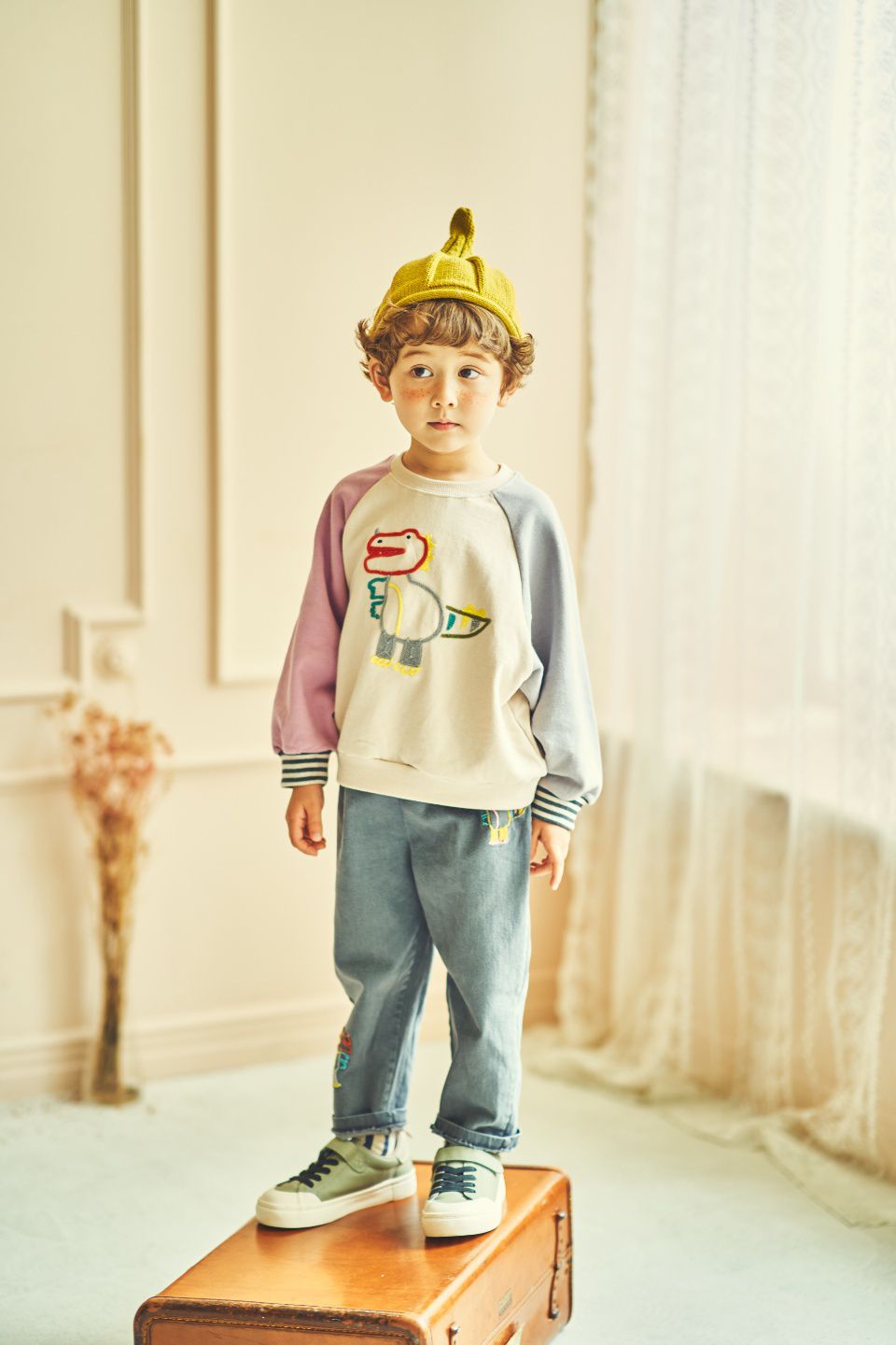 韓國 Mimico - 刺繡胖胖恐龍鬆緊褲頭長褲