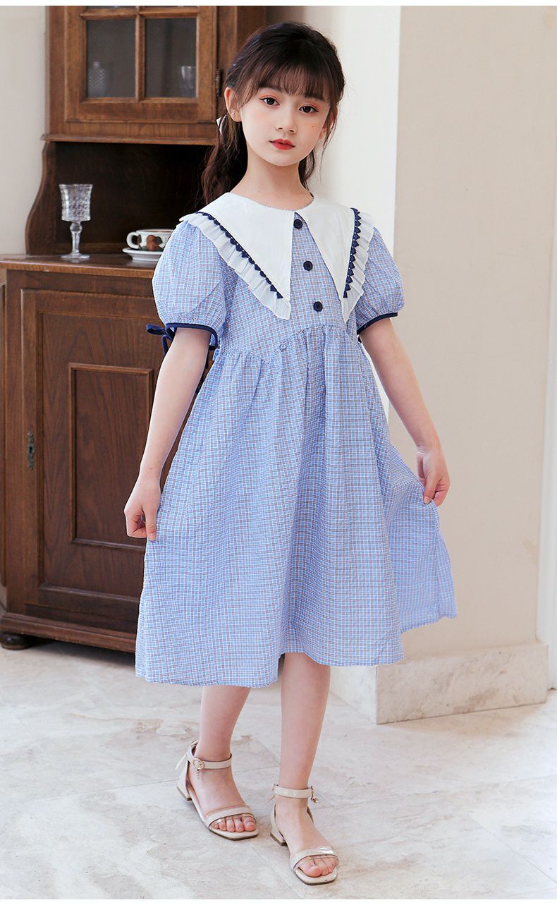 荷葉邊娃娃領泡泡袖洋裝-格紋款-淺紫色