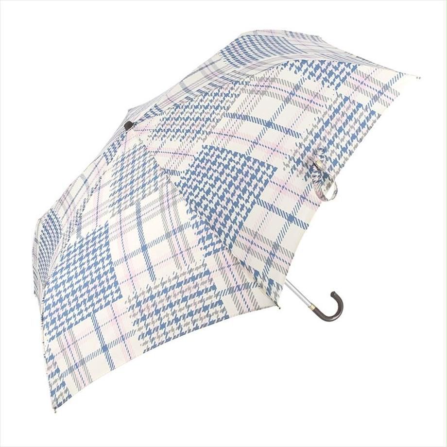 日本 nifty colors - 抗UV輕量 晴雨兩用J型手把折疊傘-格紋拼接-淺藍 (直徑90cm/171g)