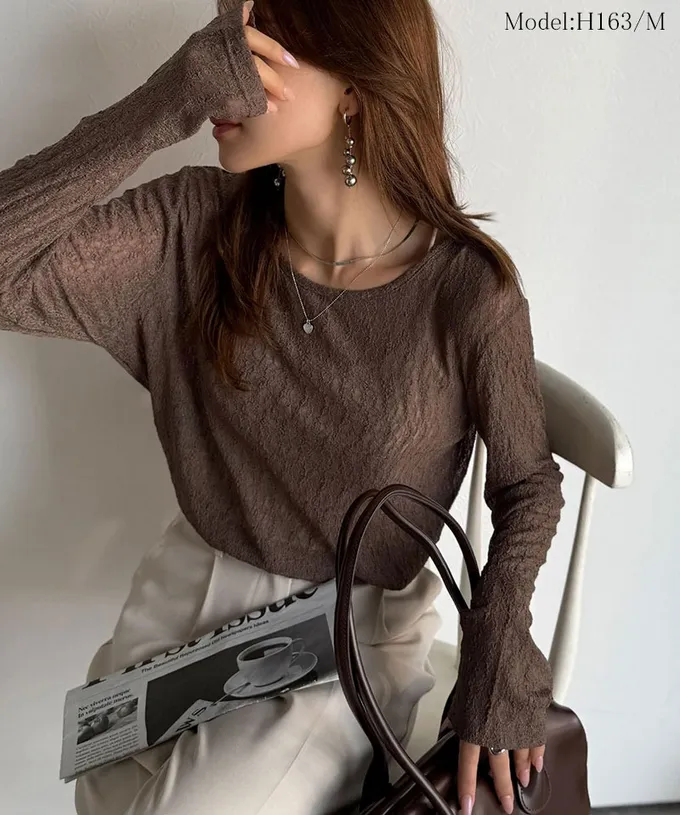 日本 Classical Elf - 網狀蕾絲透膚圓領長袖上衣-咖啡