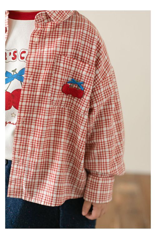 百搭翻領刺繡格紋襯衫/外套-小櫻桃-紅色