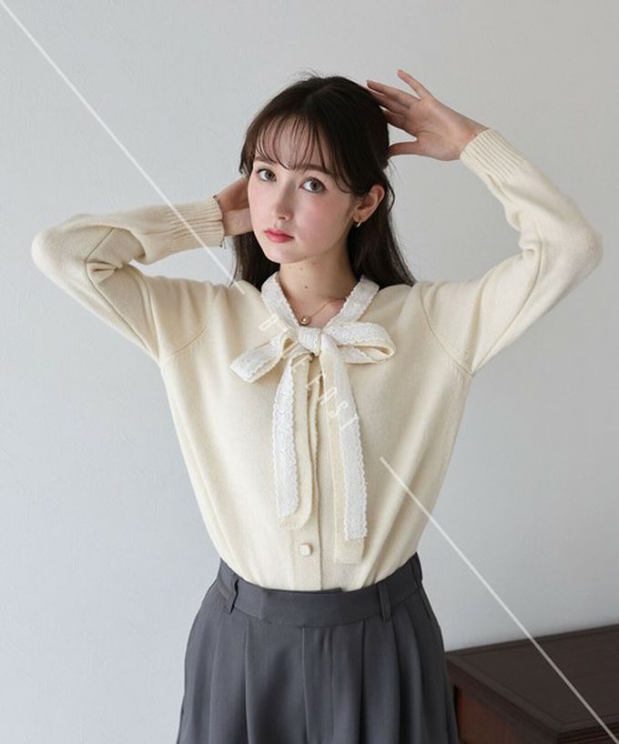 日本 BLUE EAST - 少女爛漫蕾絲蝴蝶結開襟衫-米杏