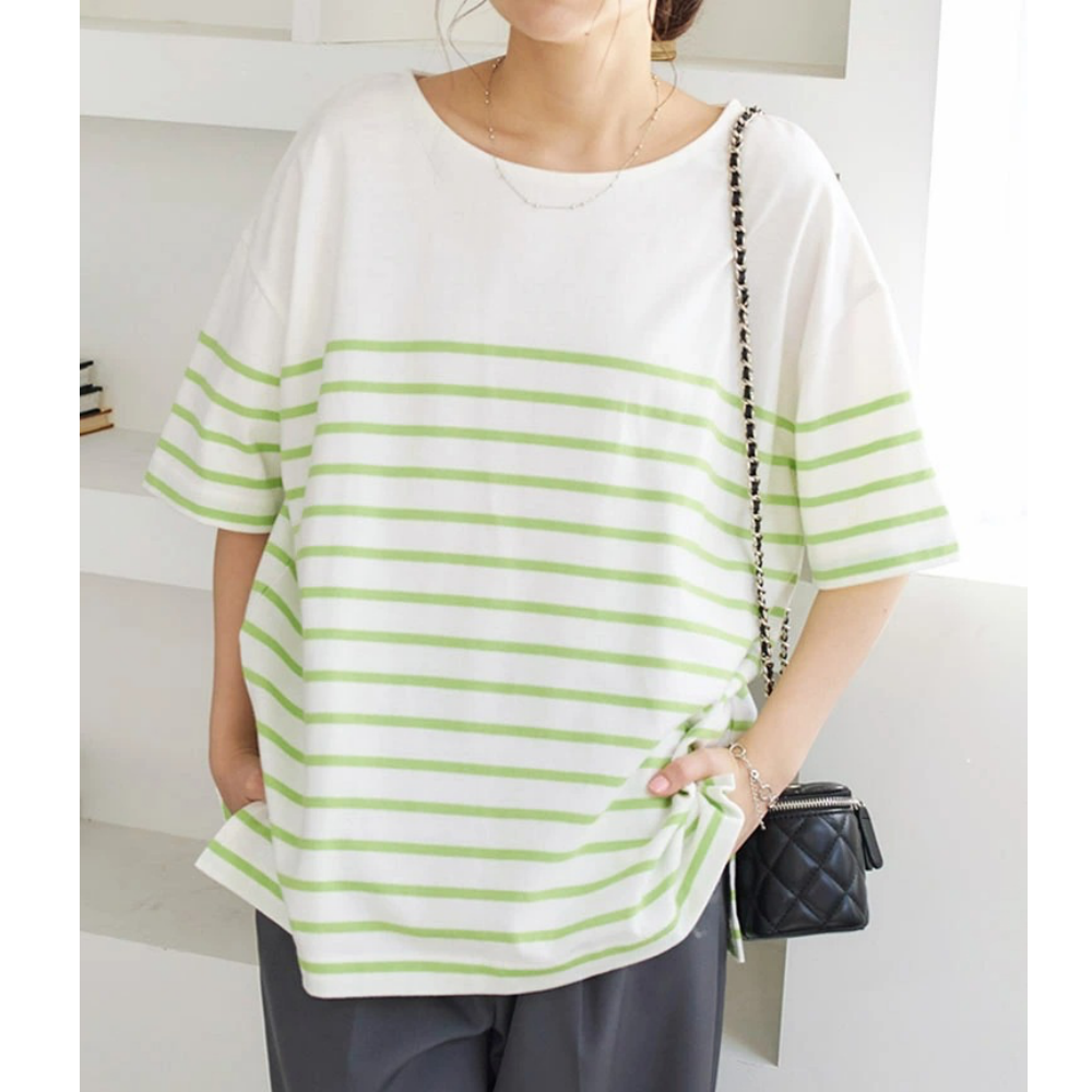 100%棉船領優雅條紋短袖上衣-白x果綠