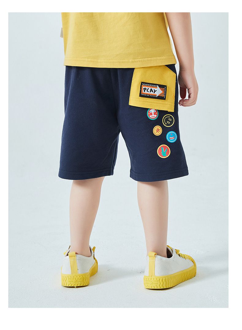 純棉休閒運動五分褲-刺繡小圓標籤-深藍色