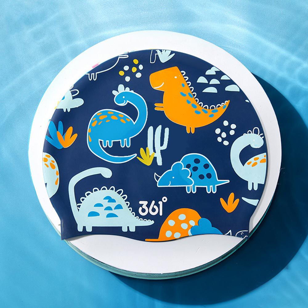361° - 兒童印花矽膠泳帽-恐龍-深藍色 (頭圍55cm以下)