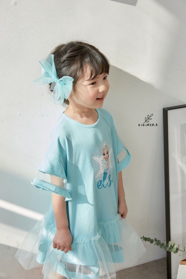 韓國 kikimora - 寬袖Elsa魚尾網紗洋裝-湖水綠