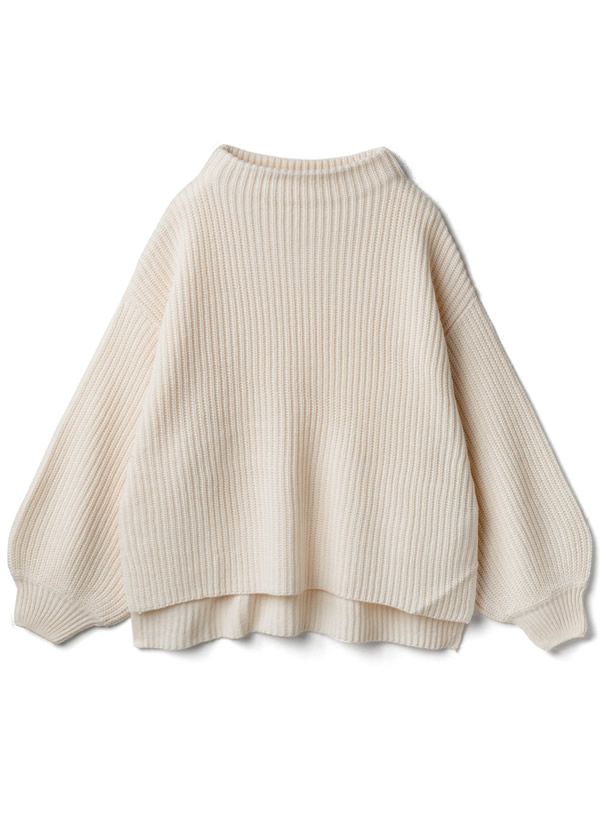 日本 GRL - 優雅酒瓶領澎澎袖針織毛衣-咖啡 (F)