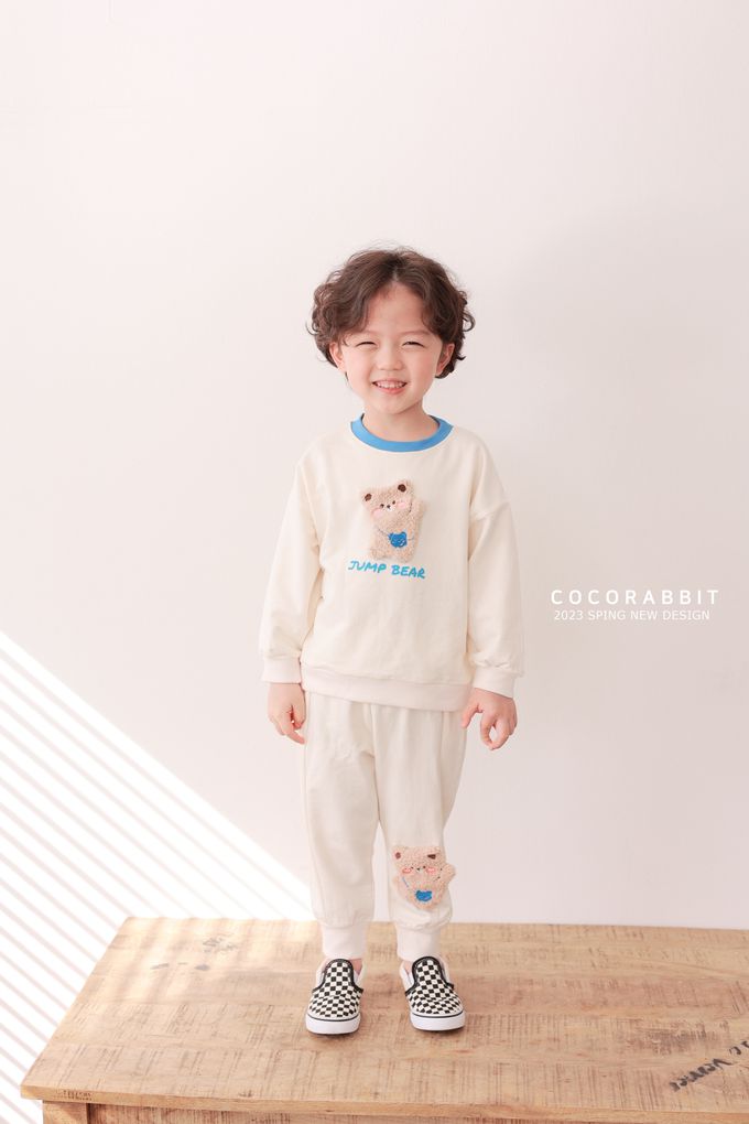 韓國 Coco rabbit - 鬆緊腰立體熊點綴縮口長褲-奶油