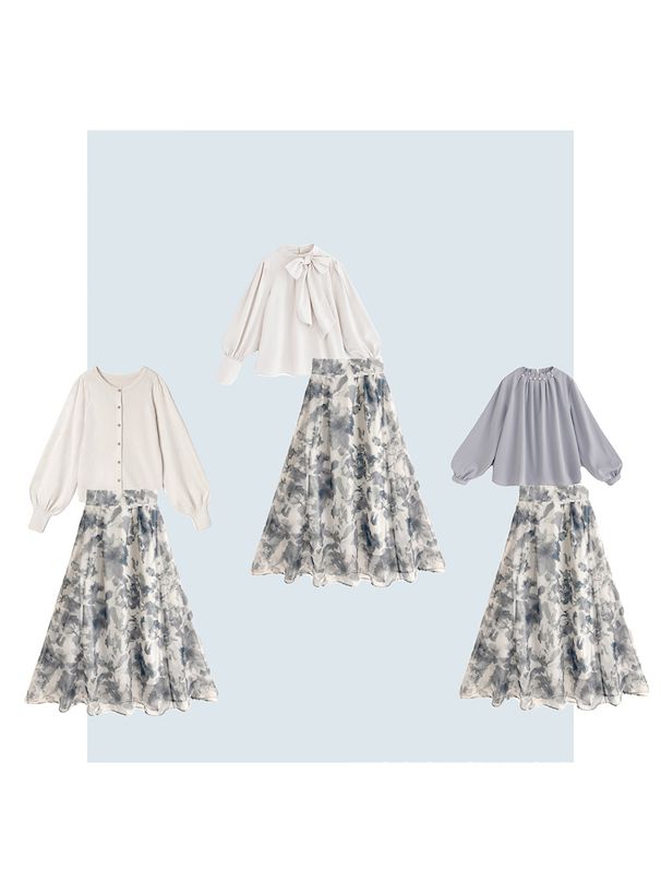 日本 GRL - 聯名款 優雅渲染碎花長裙-淺灰藍